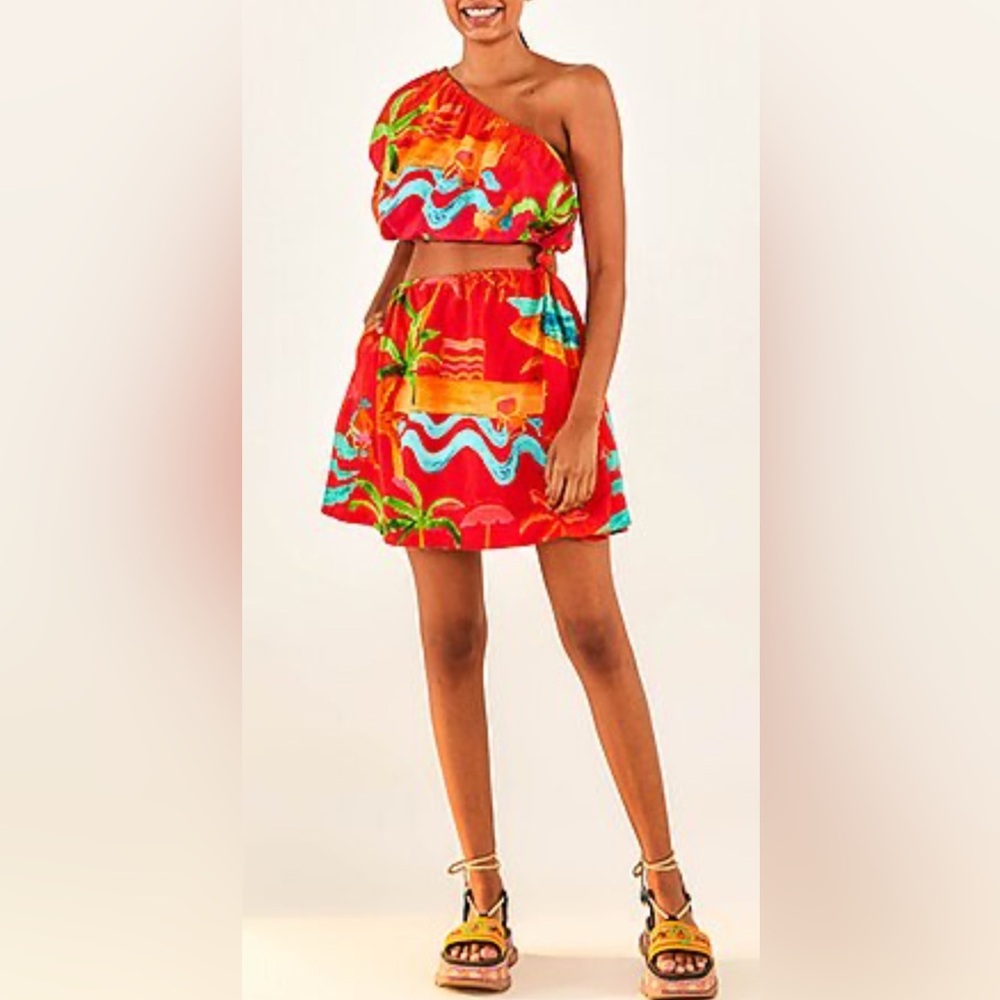 NWT Farm Rio Ipanema red tropical linen blend mini dress Medium